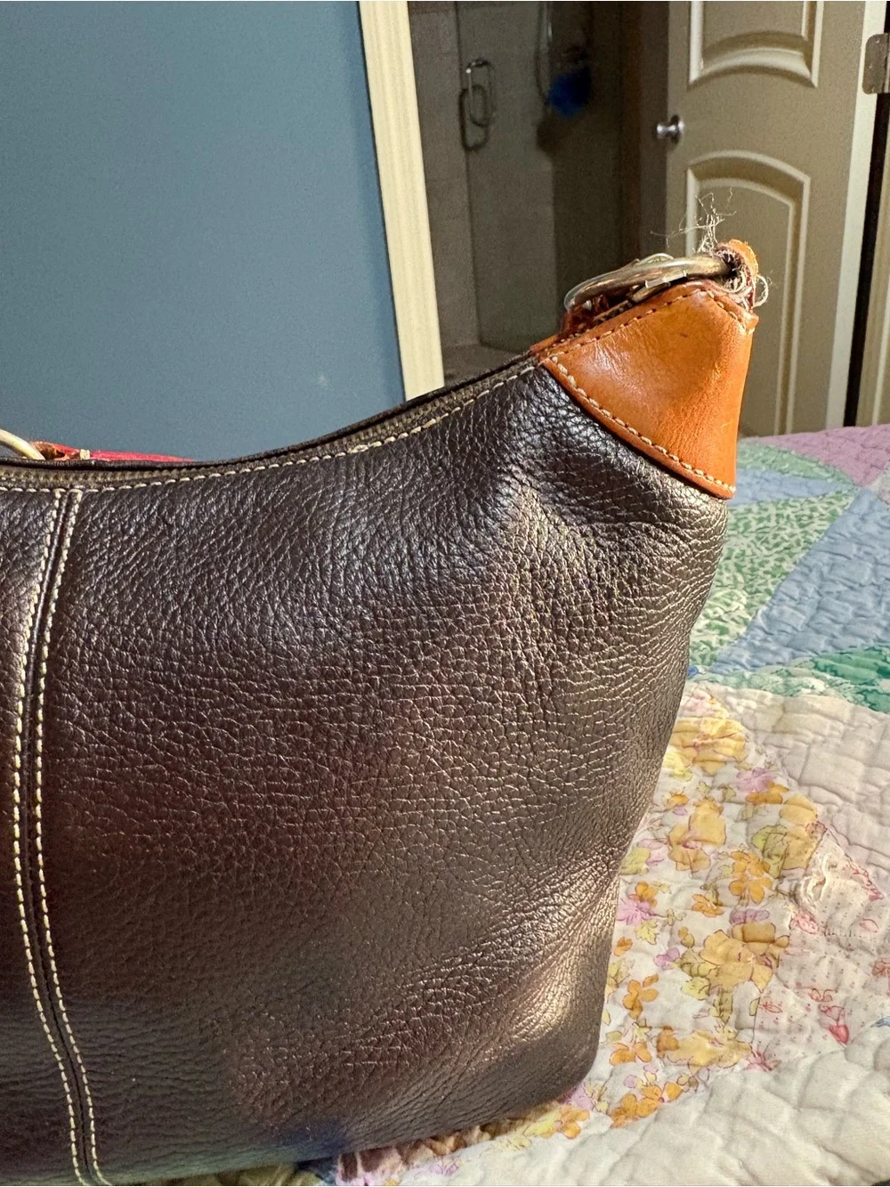 Dooney & Bourke Dark Brown Leather Cosmetic Pouch with Tan Trim